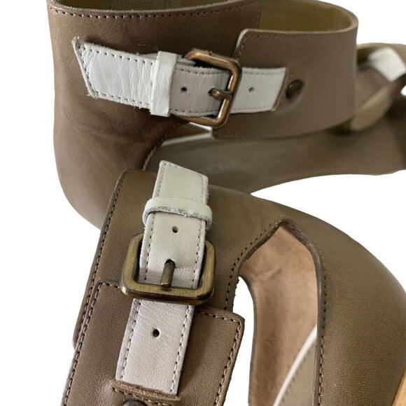 Derek Lam 38 Wedge Sandals Open Toe Side Buckle Green Brown Leather 3.5" heel - Picture 5 of 8
